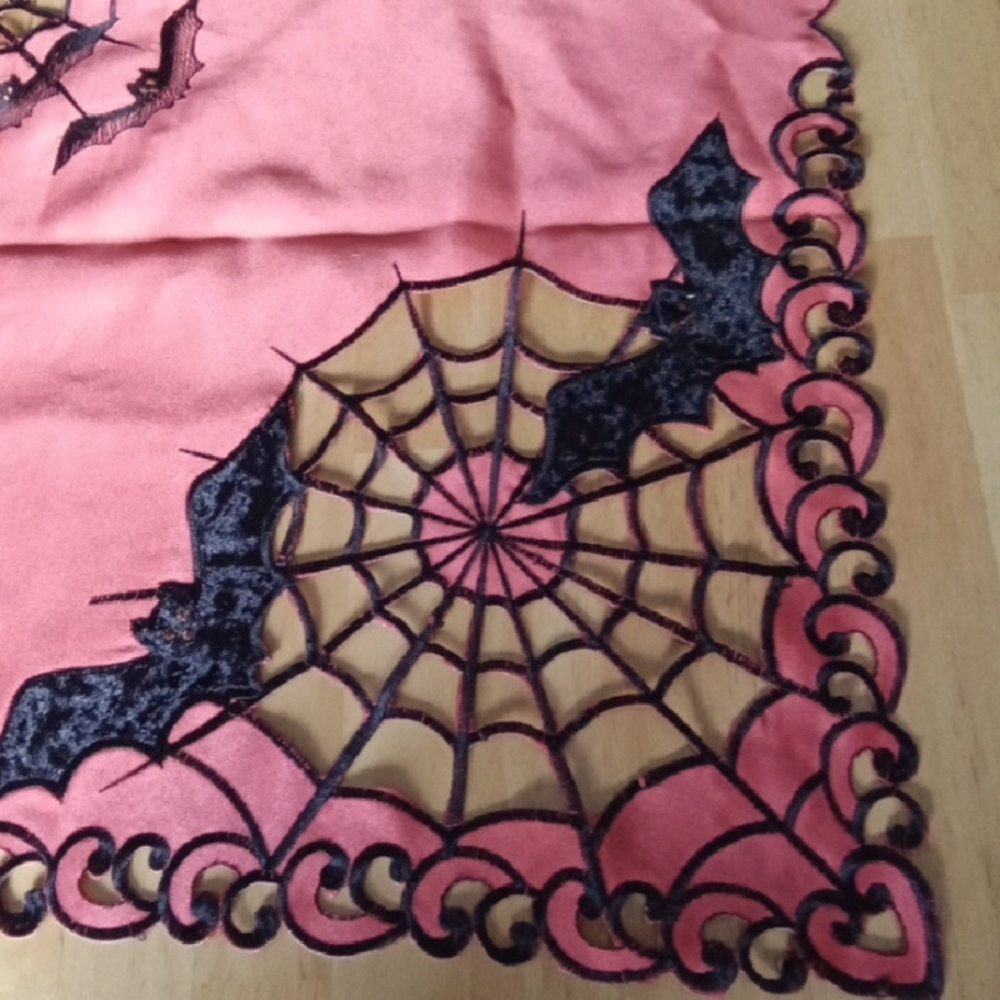 Orange and Black Spider Web Halloween Tablecloth 32x32 - Picture 4 of 7